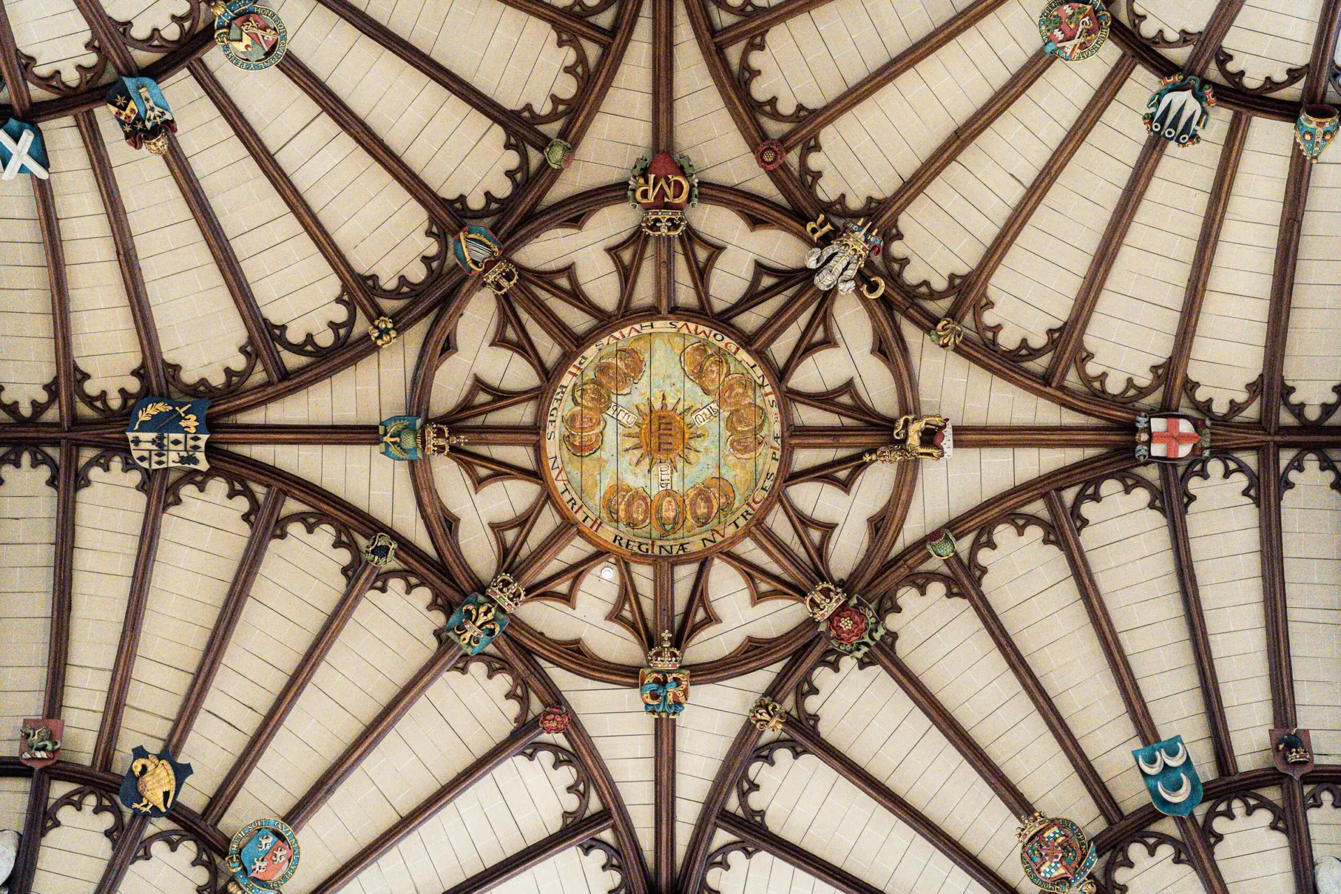 a ceiling with many colorful glass panels